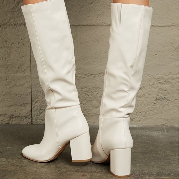 Block Heel Knee High Boots in White - Picture 2 of 5